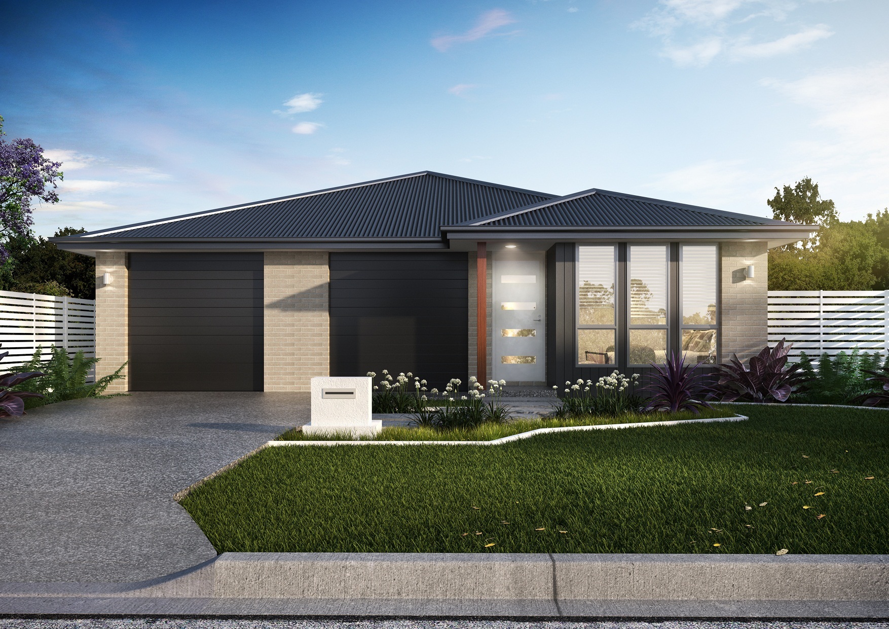 Modern charcoal-and-brick single-storey home with double garage