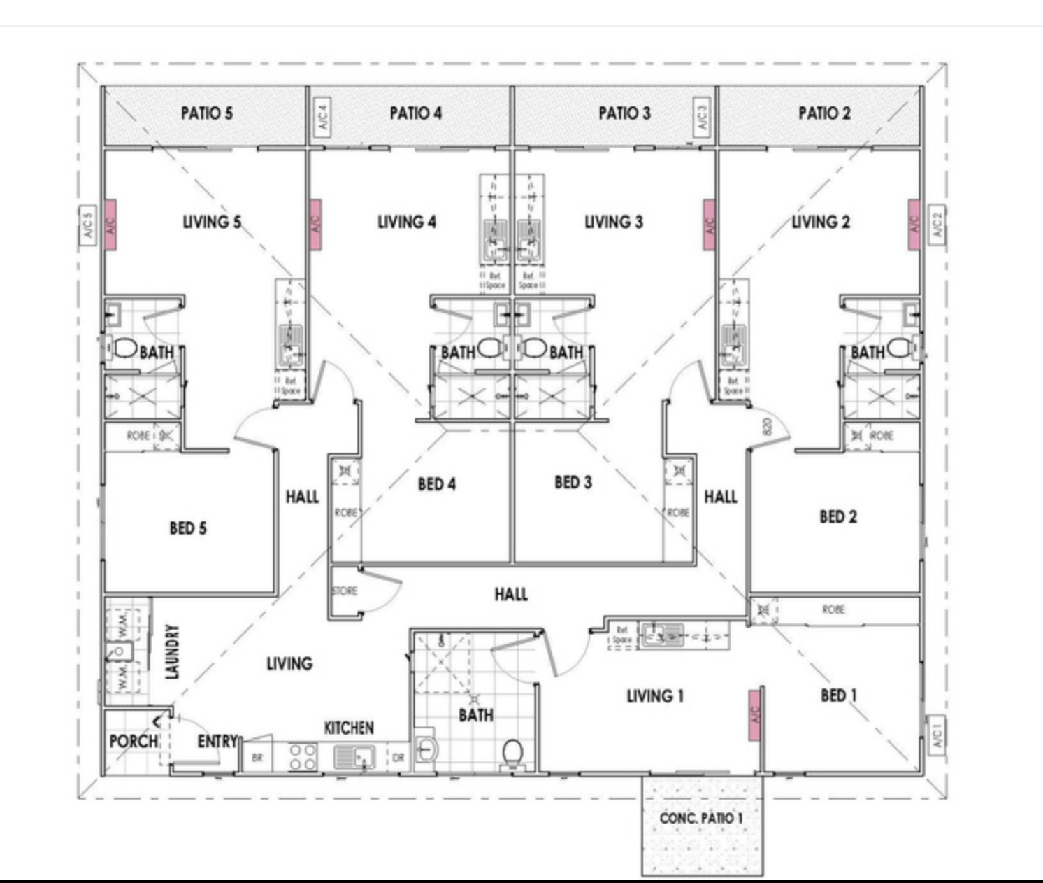 Floor plan: five self-contained studios, each with its own patio, living, bath and robe, under one roof